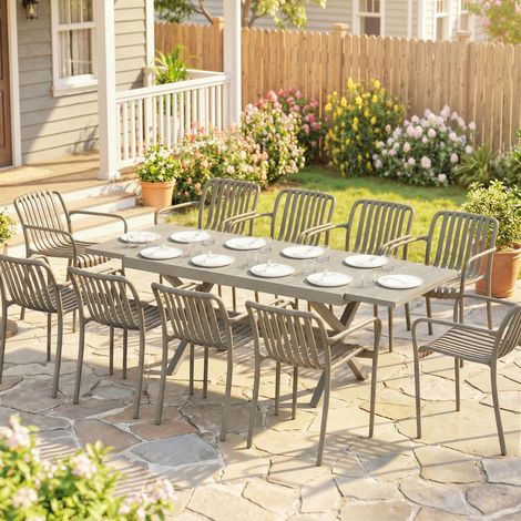 Tavolo da Giardino Allungabile per 8-10 Persone, in Alluminio e Acciaio, 154/214x85x73 cm, Grigio