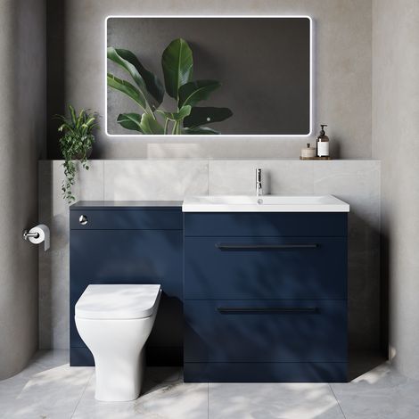 Napoli 460 Cento Deep Blue 1400mm 2 Drawer Vanity Unit Toilet Suite with Glide Basin - 1400mm - Chrome 480mm HandleWith Kingston Toilet Pan and Seat