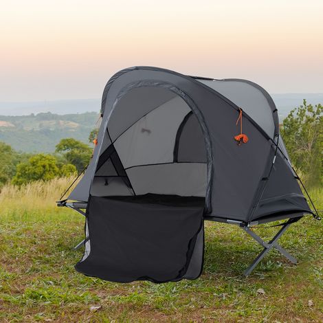 Ensemble camping 3-en-1 : tente individuelle, lit de camp et matelas auto-gonflant avec housse de rangement comprise.