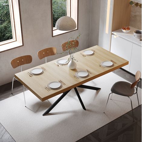 Table à manger extensible rectangulaire naturelle 140-180 cm avec rangement caché, piètement métal noir, 4-6 places (1/5)