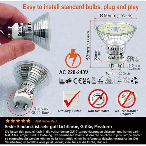 Ampoules LED GU10 Blanc Froid, 4.9W Équivalent Halogène 75W, Lot de 4, 6000K 585 Lumens Éclairag sans Scintillement, Large Faisceau 120° Spot, Non Dimmable AC 230V Lampe à Réflecteur [Classe énergétiq (1/3)