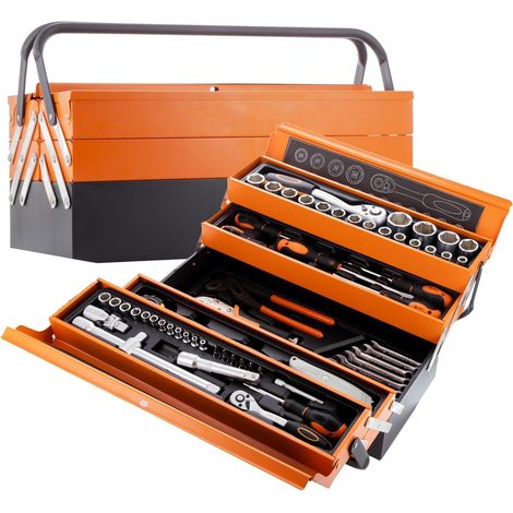 Cassetta Attrezzi Completa con 85 Pezzi in Metallo Cassetta Porta Utensili Organizer per Attrezzi Resistente Pieghevole con Occhiello per Lucchetto per Fai da Te Meccanico Elettricista (1/5)