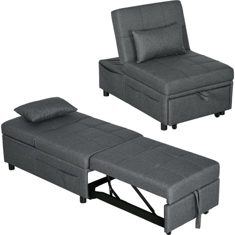 Fauteuil convertible gris lit dossier réglable assise rembourrée oreiller, fauteuil lit confortable nomade