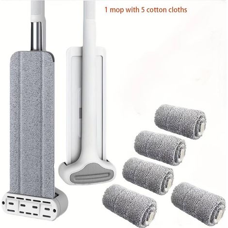 Balai-serpillère plat avec 5 lingettes, manche long, lavage mains libres, balai-serpillère rotatif résistant, utilisation sur sols secs et humides
