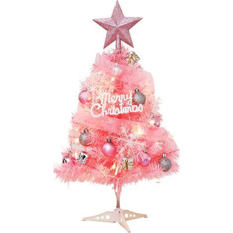 Petit sapin de Noël artificiel rose de 60 cm avec guirlande lumineuse LED et décorations suspendues (1/5)