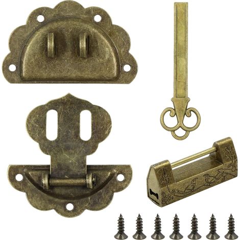 Cadenas Loquet Hasp Boucle Serrure - Vintage Design Alloy Latch Retro Style Mini avec vis et clé, à verrou rétro pour boîte bijoux en bois Tiroir Boîte Armoire décorative, décoratifs cabinet (1/5)