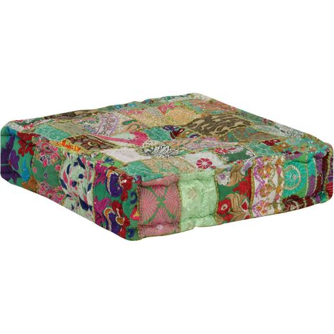 Pouf Carré pour Salon Fait Main 100 % Coton Style Patchwork Vintage Vert 50 x 50 x 12 cm (1/5)