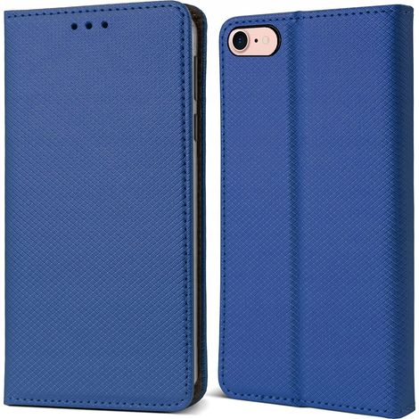 Étui pour iPhone 7/8/SE, fermeture magnétique, style portefeuille, bleu marine avec verre trempé. (1/5)