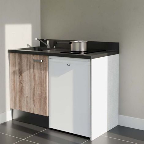 Kitchenette K08L - 120 cm - plan monobloc évier intégré Nero- évier à gauche - Façades Bois + Electroménager inclus coloris Blanc