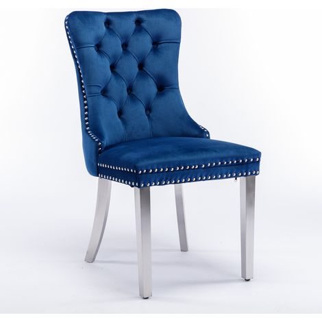 CAIziNikki Collection Chaise de salle à manger contemporaine haut de gamme, capitonnée, en bois massif, revêtue de velours, pieds plaqués en acier inoxydable chromé, garniture cloutée, lot de 2, bleu 
