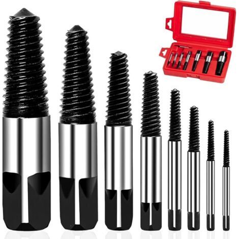 Kit d'extracteurs de vis cassées en 8 pièces (3 à 25 mm) avec boîte de rangement pour vis et tuyaux cassés