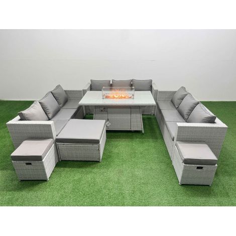 Fimous PE Rattan Lounge Sofa Set Outdoor Garden Furniture Set with Firepit Dining Table 3 Seater Sofa 3 Stools Light Grey (1/5)