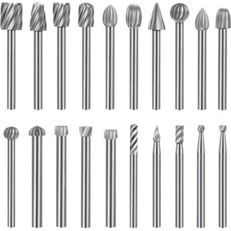 20 Pcs Fraises Rotatives,Jeu de Fraises en Carbure,HSS Burrs Rotatives Embouts Compatible avec Dremel,Tige 1/8''(3mm) Outil Rotatif Pour Meuleuse Travail du Bois, Polissage Métal, Gravure, Perçage (1/4)