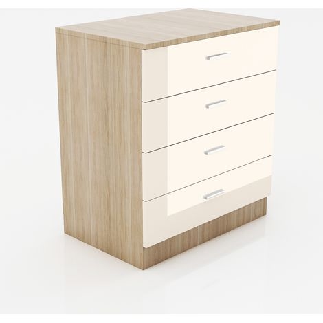 ELEGANT Nightstand High Gloss 4 Spacious Drawer Chest with Metal Handles for Bedroom or Home Storage Organizer, Cream/Oak (1/5)