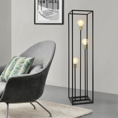 Lámpara de pie Groningen - 140 x 30 x 30 cm - Lámpara de diseño Con 3 Focos - Iluminación interior - 3 x E27 - Metal - Negro y Latón [lux.pro]