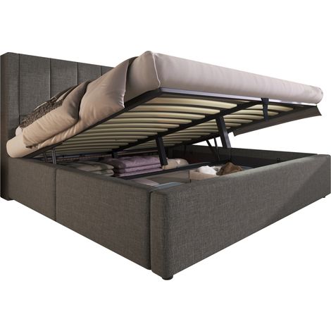 CHICFURN Cama tapizada 140x190 cm con almacenaje hidráulico, portavasos oculto y estación de carga USB y USB-C, gris, para dormitorio moderno (1/5)
