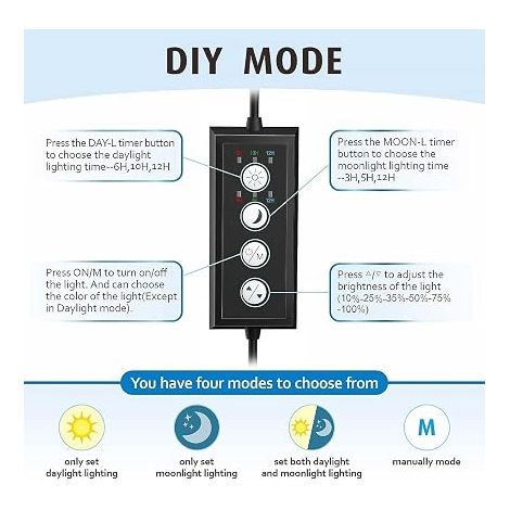 Clip on Aquarium Lighting, 14 W LED Aquarium Lighting for 28-48 cm Planted Tank, Fish Tank Light with 9 Colours, Dual Timer, Sunrise-Day-Sunset Moon, Adjustable Timer (1/4)