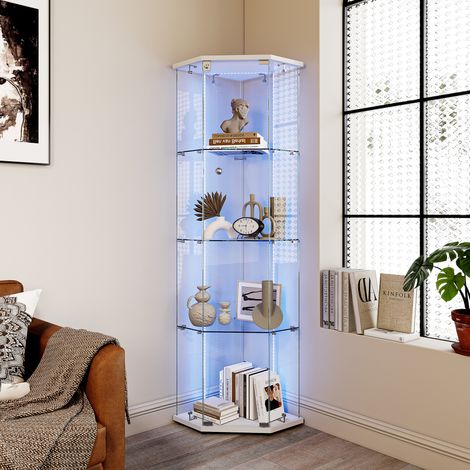 Vitrine d'Angle en Verre Trempé avec LED RGB - Vitrine en Verre 4 Niveaux avec Serrure de Sécurité, Télécommande et Contrôle App pour Figurines et Livres - 60x42,5x162cm - Blanc (1/5)