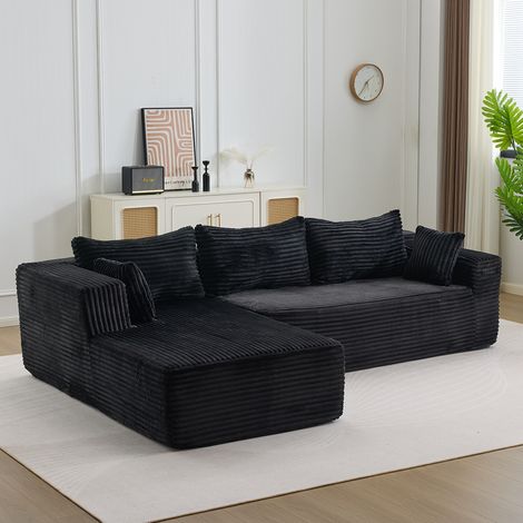 Canapé d'angle modulable noir en velours côtelé, sans montage et confortable,279x179x83 cm (1/5)