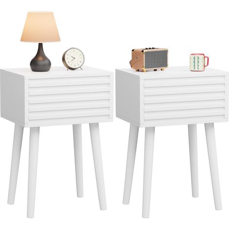 Set of 2 Bedside Tables, Side Table, Coffee Table, Mid-Century Modern Fluted Style, Pull-Out Drawer, Solid Wood Legs, for Bedroom, White HST018W-2 (1/5)