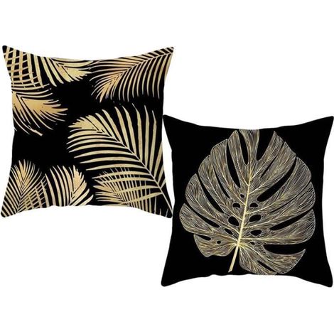 Housse de Coussin Noir Doré Style Kyoto en Polyester 45X45CM avec Motif de Plante Tropicales - Maison Moderne (1/4)
