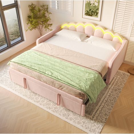 Lit gigogne 90x200 cm avec lit extensible et LED, tête de lit ondulée, en velours, rose, sans matelas (1/5)