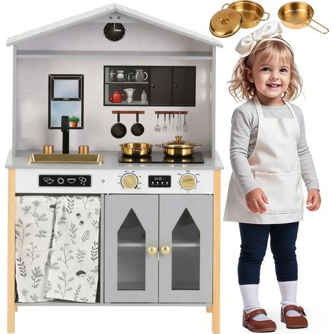 Cuisine pour enfant, cuisine jouet au design maison créatif, accessoires et effets surprise, adaptée aux enfants à partir de 3 ans, bois + plastique, gris, 28.5x60x92cm (1/5)
