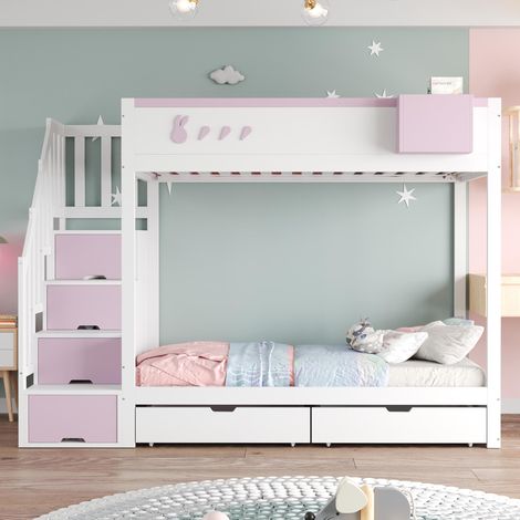 Lit superposé pour enfant, 90x200cm, motifs lapin et carotte, étagère de rangement amovible, échelle de rangement sécurisée, tiroirs, sommier à lattes, lit double, blanc et rose, garantie 2 ans