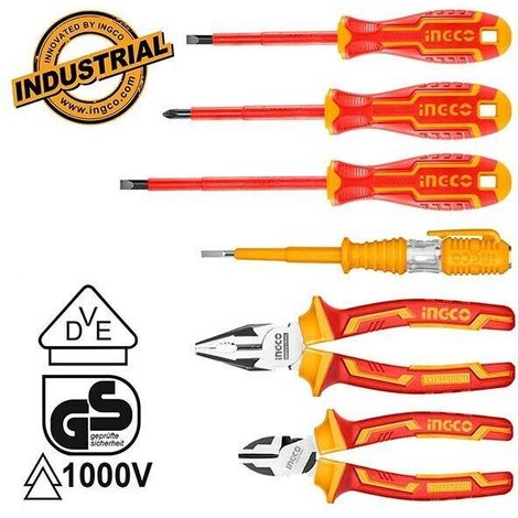 Pinza e Giraviti isolati 1000V INGCO Kit 6pz Elettricisti Professionali Manicate (1/4)