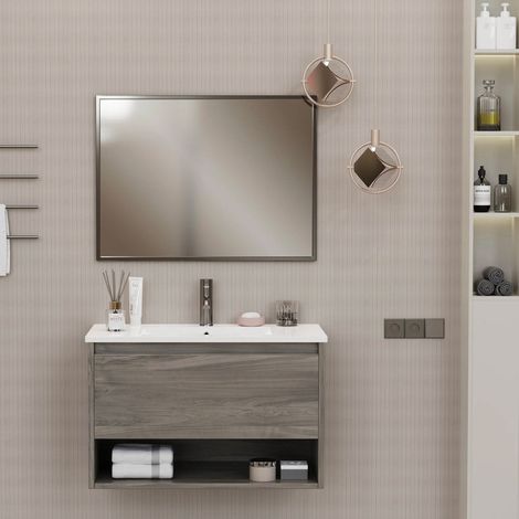 Mobile Bagno Sospeso 80 cm Lavabo e Specchio Milano Rovere (1/5)