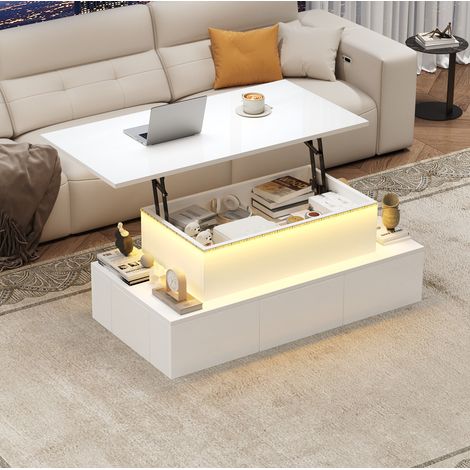 Höhenverstellbarer Couchtisch 100 x 50 x 40 cm mit 4 Schubladen, LED, weiß, HAVRYA (1/5)