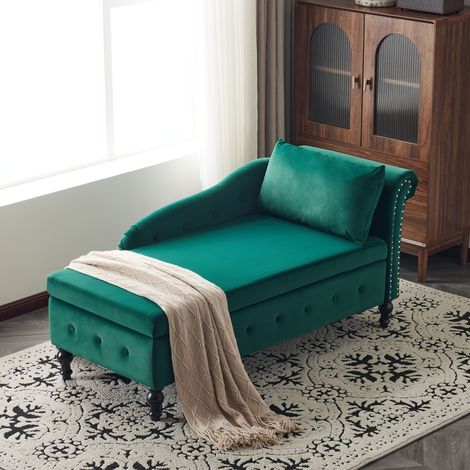 Modern Velvet Chaise Lounge Sofa with Storage, Pillow, Nailhead Trim，Button-Tufted Design - Green
