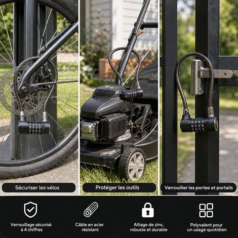 Cadenas a Cable Code 4 Chiffres Noir 175 mm Alliage de Zinc pour Cour et Outillage de Jardin (1/4)