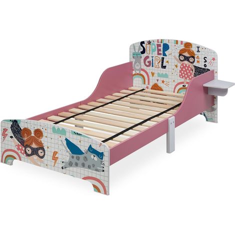 Relaxdays Letto per Bambini, Sponde Anticaduta, Rete a Doghe Rigide con Motivo Eroina, HLP 60 x 94 x 143 cm, Bianco Rosa (1/5)