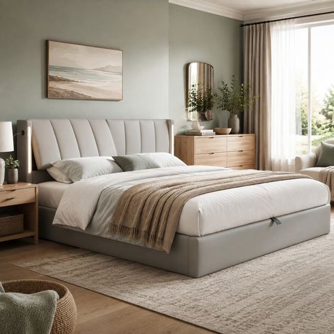 Cama abatible 140 x 200 cm con LED, USB y cabecero regulable, PU gris DESVIAE (1/5)