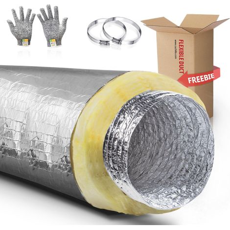 Conduit flexible isolé R4.2 avec fibre de verre - 200 mm x 7,62 m, tuyau de ventilation CVC, réduction du bruit, efficacité énergétique, gants et pinces inclus (1/5)