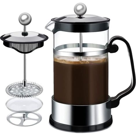 Cafetière à Piston, 1000ML Français presse café en verre, Machine à Café French Press Machine à Thé en Verre RéSistant à la Chaleur avec Filtrants Faciles à Nettoyer (Noir) (1/5)