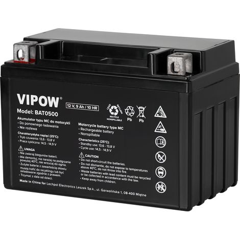 Batterie moto 12V 9Ah MC Vipow pour scooter, moteur et quad