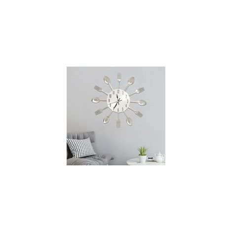Reloj de pared con motivo de cuchara y tenedor, plateado, 31 cm, aluminio - Crezuo (1/4)