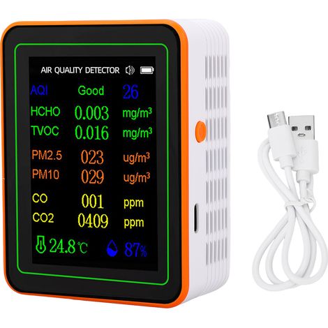 Eosnow Luftqualitätsdetektor, Index, CO2, TVOC, HCHO, PM2,5, PM10, Temperatur- und Luftfeuchtigkeitstester, TFT-Farbdisplay, Kurvenanzeige, weiß, orange
