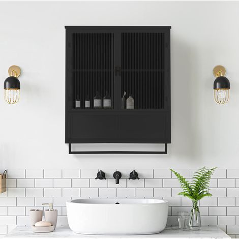 Armadietto pensile 60x23x78 cm in metallo e vetro nero con vano portaoggetti - FLORAGRACE (1/5)