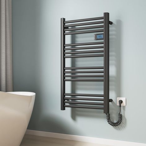 Radiateur sèche-serviettes électrique 96 x 54 cm - Chauffage électrique avec interrupteur tactile - Minuterie - Sèche-serviettes - Noir mat - 500 W (1/5)