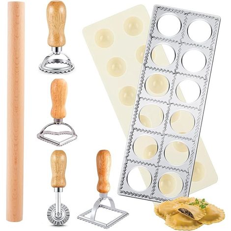 Ensemble de 6 moules à raviolis – Tampon à 12 trous, 4 emporte-pièces et rouleau à pâtisserie en bois, kit pour pâtes, raviolis et galettes de viande (1/3)