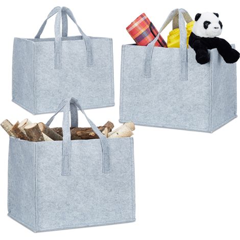 3x Cesto Portalegna per Camino in Feltro HxLxP: 34,5 x 43 x 36,5 cm 2 Manici Pieghevole Portariviste, Grigio