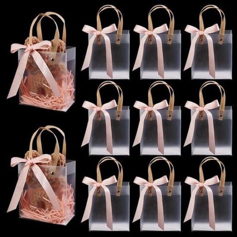 10 sacs cadeaux avec poignée transparente, sac isotherme rectangulaire 15x13x7cm avec ruban rose, boîte cadeau en plastique réutilisable pour les invités de mariage et les demoiselles d'honneur (1/5)