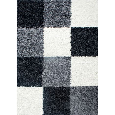 Tapis Shaggy Poils Longs Motifs Carreaux (Noir / Gris / Blanc - 160x230cm) (1/5)
