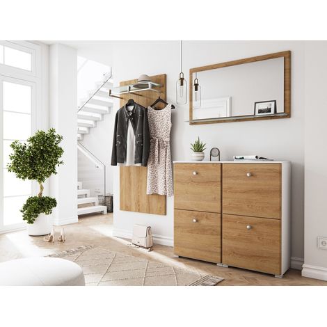 Garderobe Set 005 Cleveland 4 tlg Schuhschrank 4 Klappen 16 Paar Weiss-Eiche (1/5)