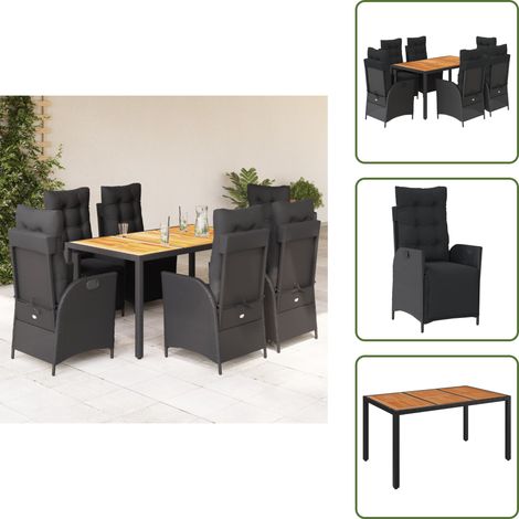 The Living Store Set da Pranzo da Giardino 7 pz Nero con Cuscini in Polyrattan - Sedie da giardino reclinabili