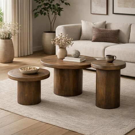 Table basse gigogne ronde bois brun à plateau épais (lot de 3) ALMA