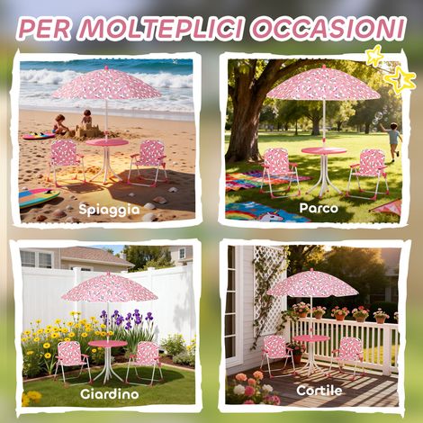Table de jardin enfant rose avec parasol intégré, ensemble mobilier de pique-nique avec chaises pour bambins (1/5)